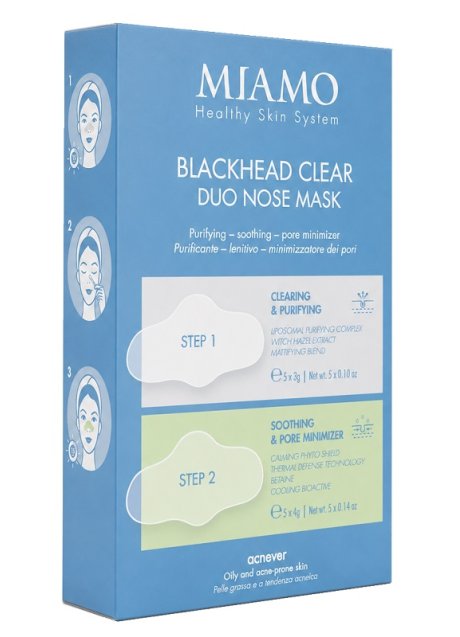 MIAMO HEALTY SKIN SYSTEM ACNEVER BLACKHEAD CLEAR DUO NOSE MASK STEP 1 CLEARING & PURIFYING 5 PEZZI 3 G + STEP 2 SOOTHING& PORE MINIMIZER 5 PEZZI 4 G +10 COTTON FIOC