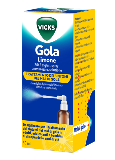 VICKS GOLA*spray per mucosa orale 1 flacone 30 ml 2 mg + 0,5mg limone + pompa spray