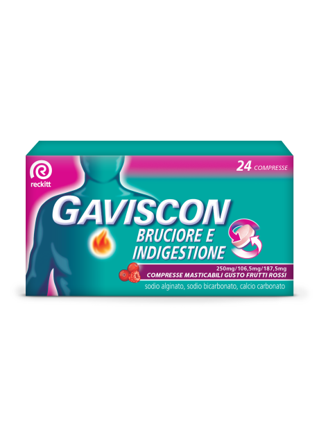 GAVISCON BRUCIORE E INDIGESTIONE*24 cpr masticabili 250 mg +106,5 mg + 187,5 mg gusto frutti rossi