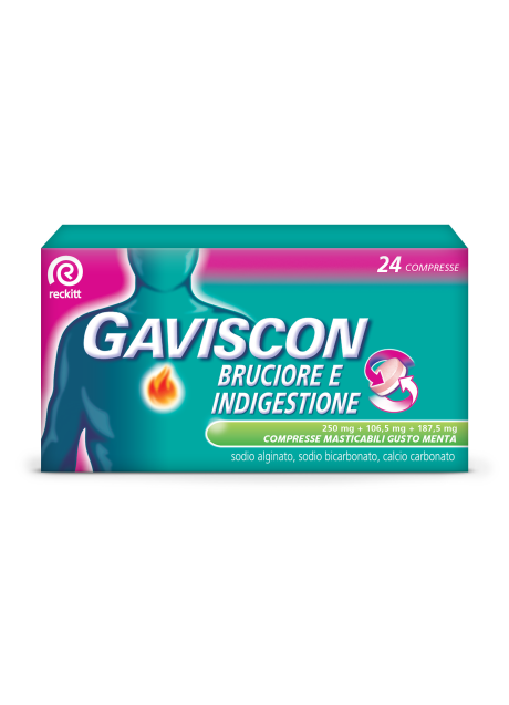 GAVISCON BRUCIORE E INDIGESTIONE*24 cpr mast 187,5 mg + 106,5 mg + 250 mg gusto menta